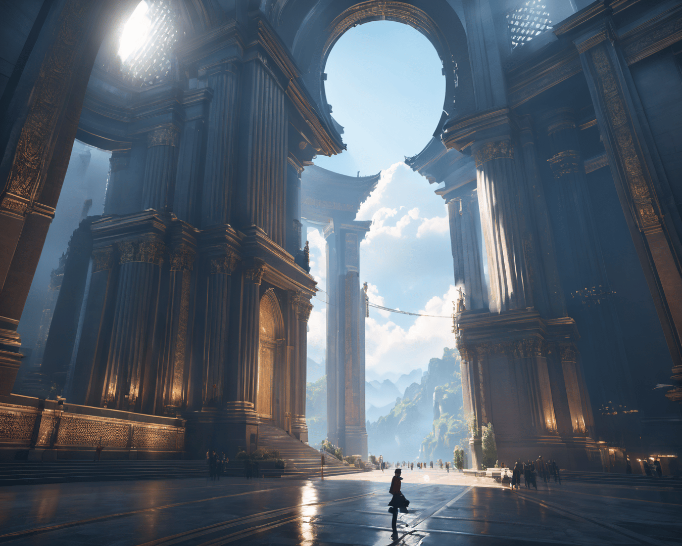 AI generated wallpaper featuring building, person, columns