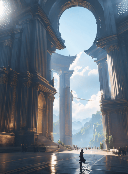 building, person, columns