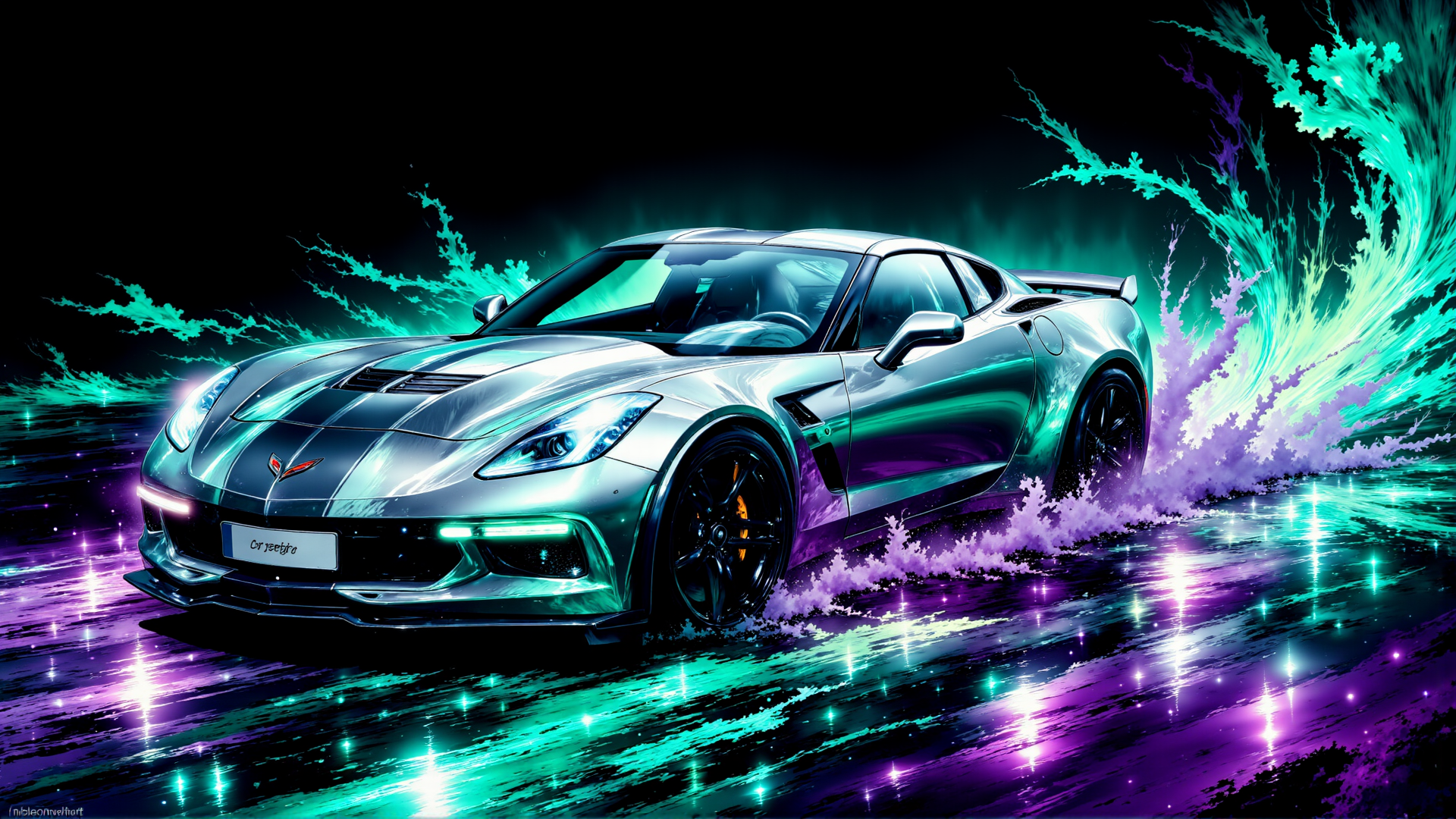 AI generated wallpaper featuring sports car, corvette, car, vehicle, automobile, road, night, neon, glow, reflection