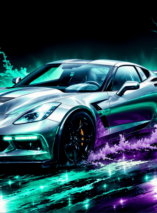 sports car, corvette, car, vehicle, automobile, road, night, neon, glow, reflection