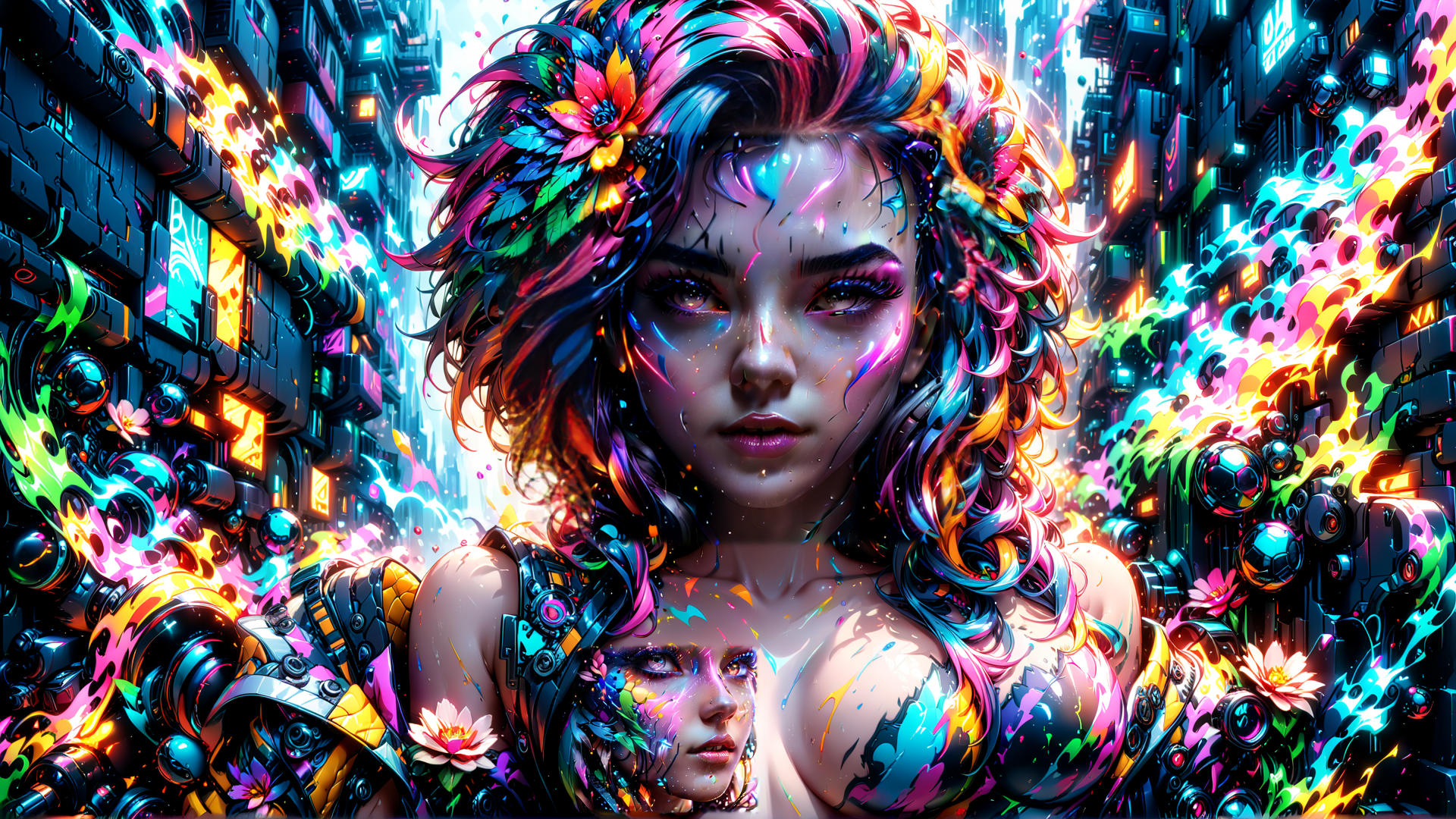 AI generated wallpaper featuring woman, cyberpunk, flowers