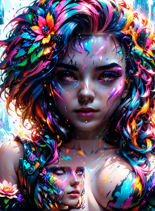 woman, cyberpunk, flowers