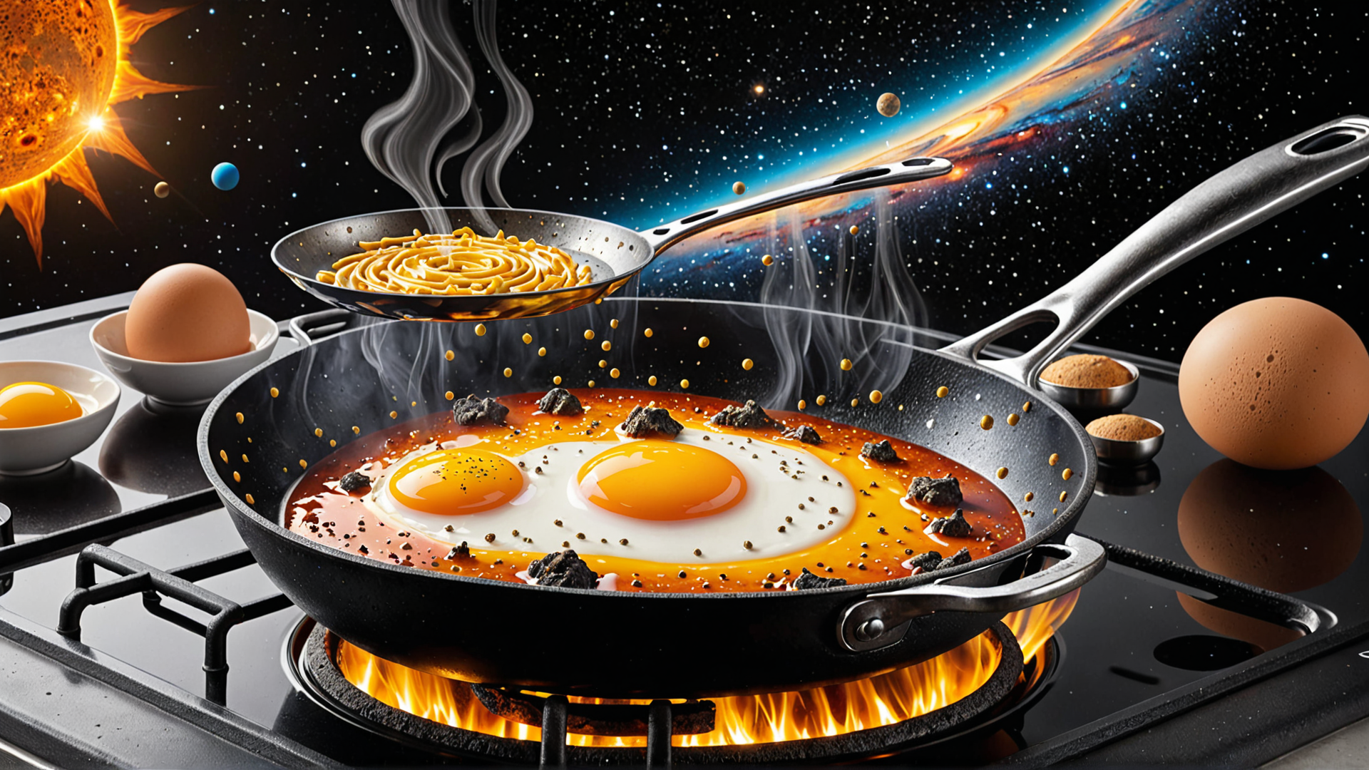 AI generated wallpaper featuring pan, eggs, universe
