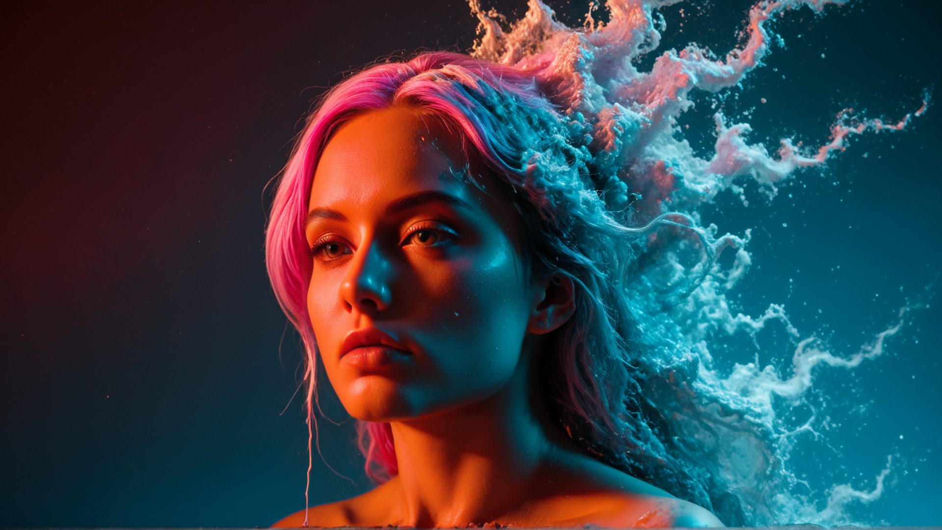 AI generated wallpaper featuring woman, hair, water, splash, neon