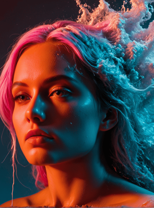 woman, hair, water, splash, neon