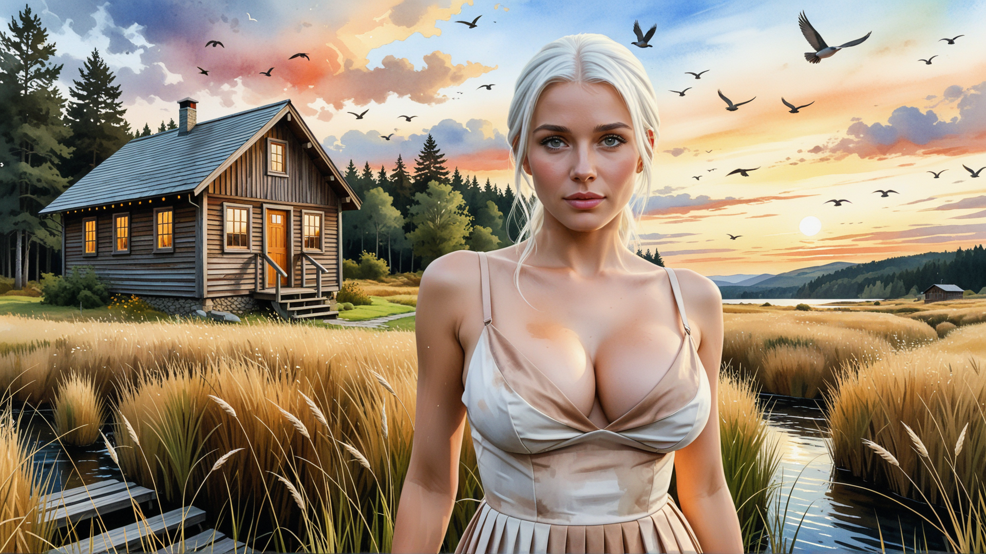 AI generated wallpaper featuring woman, cottage, trees, birds, grass, lake, sun, sky, mountains, sunrise