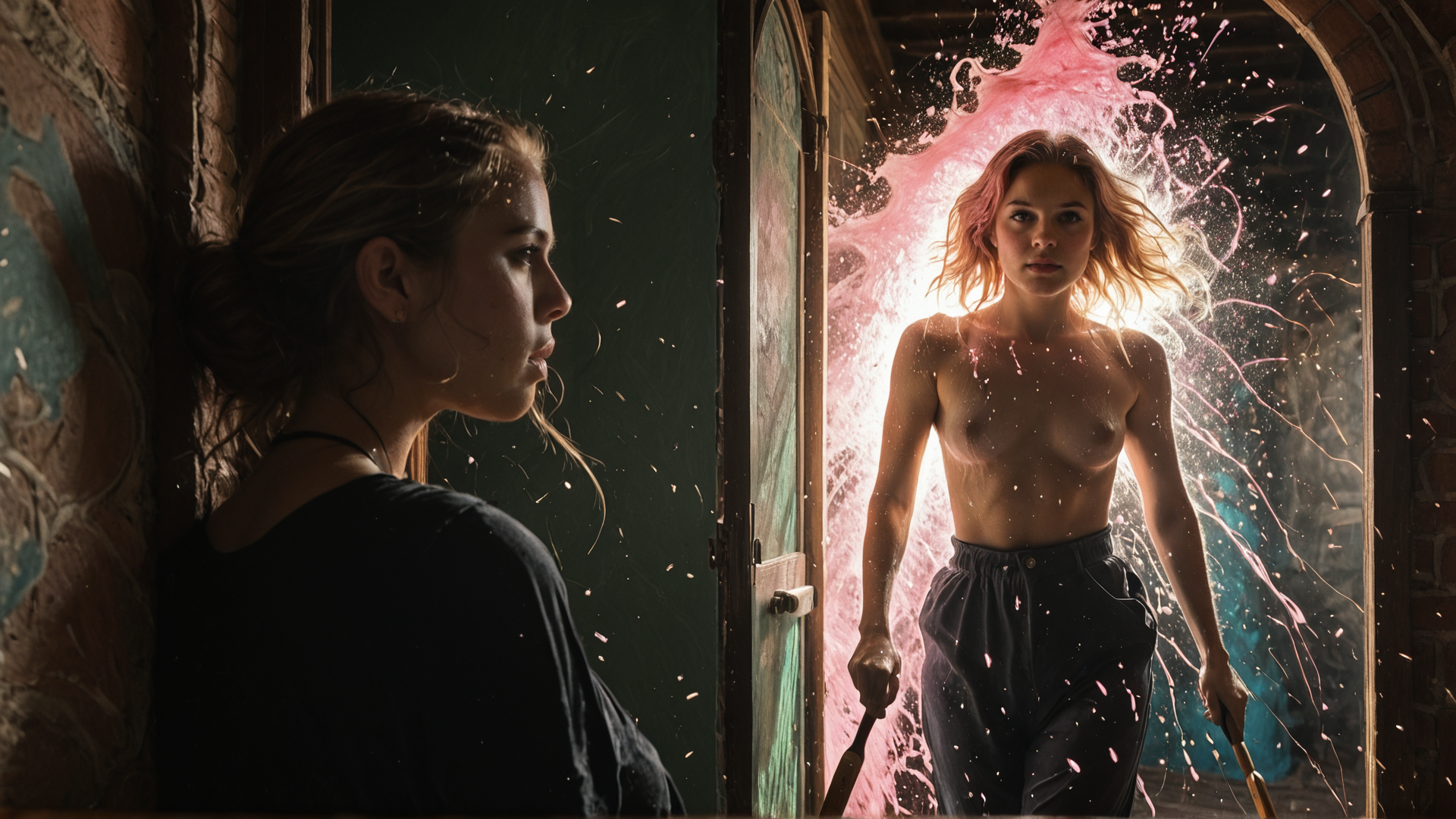AI generated wallpaper featuring woman, paint, brushes, door, sparks
