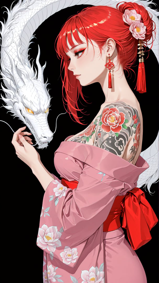 AI generated wallpaper featuring woman, dragon, tattoo, kimono