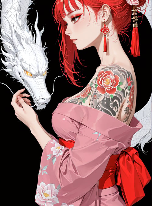 woman, dragon, tattoo, kimono