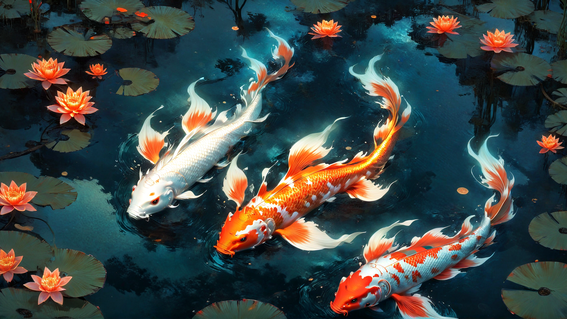 AI generated wallpaper featuring koi fish, lotus flowers, water lily, pond, lotus leaves
