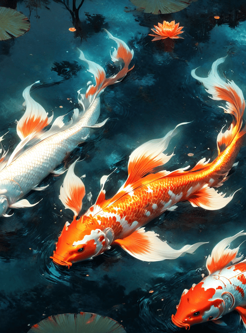 koi fish, lotus flowers, water lily, pond, lotus leaves