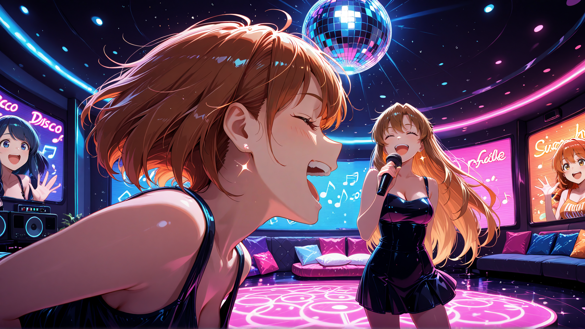 AI generated wallpaper featuring girls, disco, microphone