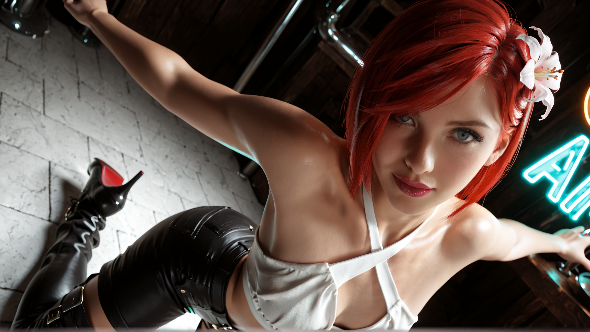 AI generated wallpaper featuring woman, cosplayer, red hair, bikini top, boot, lily, neon sign, bar, brick wall, pipe