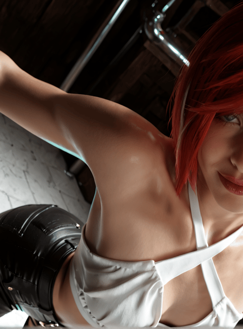 woman, cosplayer, red hair, bikini top, boot, lily, neon sign, bar, brick wall, pipe
