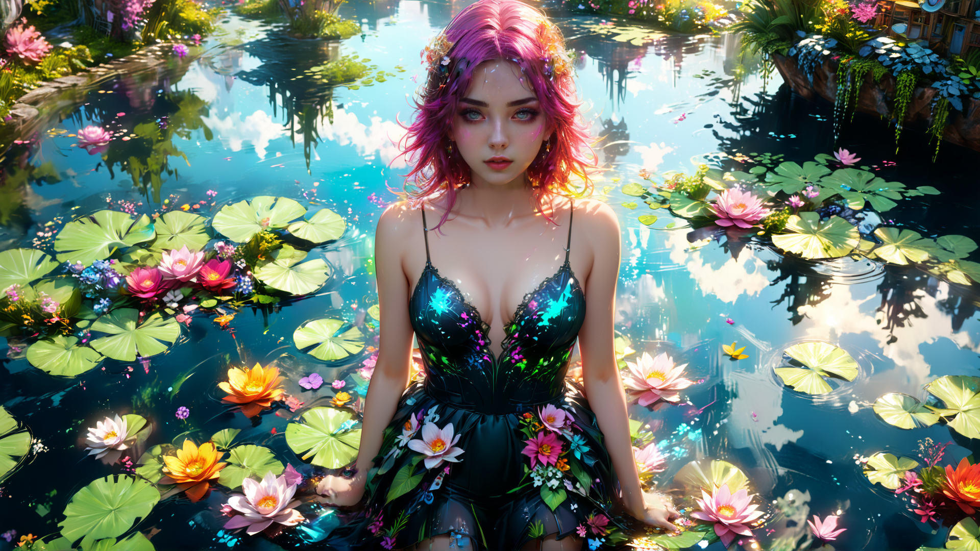 AI generated wallpaper featuring woman, lotus, water