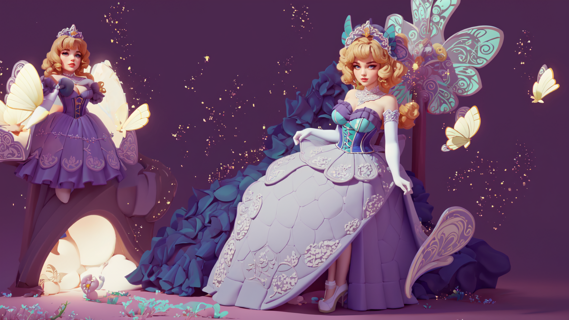 AI generated wallpaper featuring fairy, princess, butterfly, dress, crown