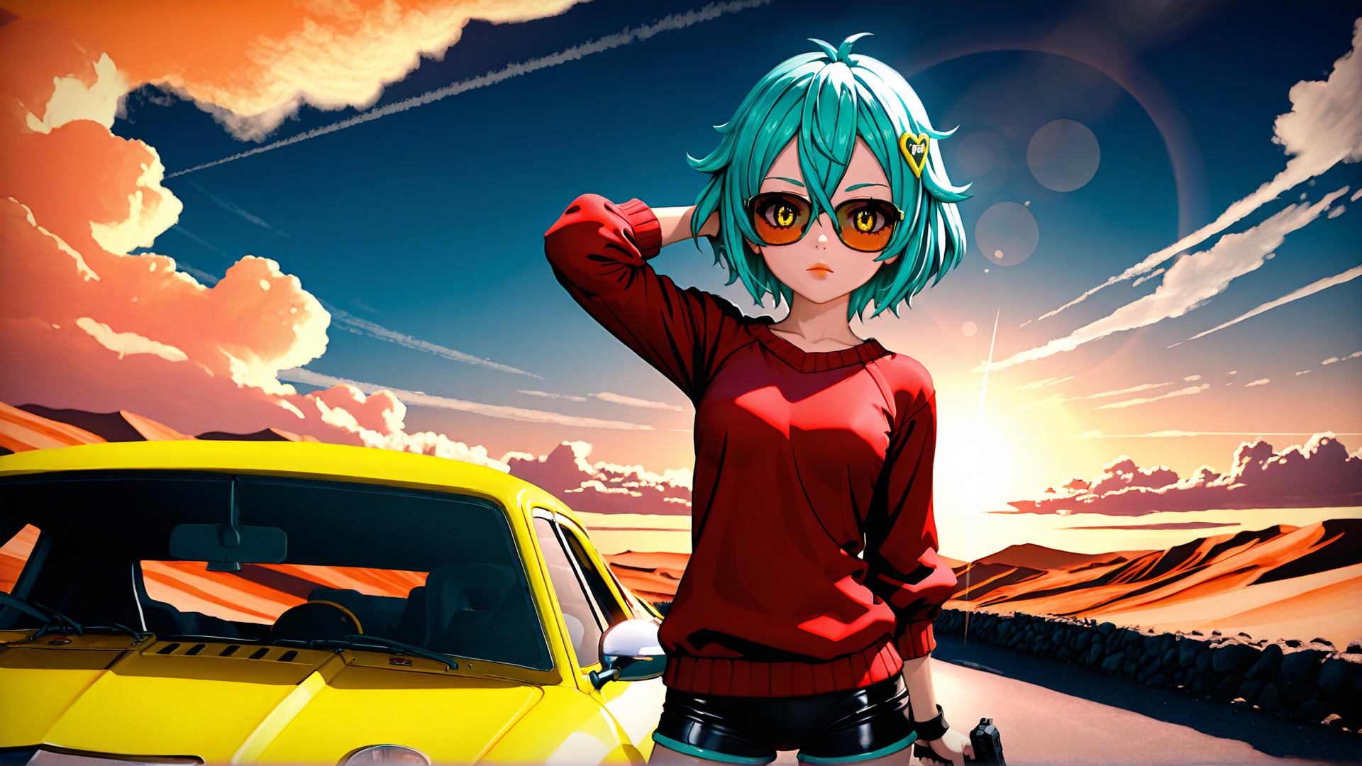 AI generated wallpaper featuring anime girl, yellow car, sunset, desert, sunglasses