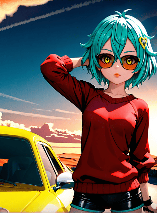 anime girl, yellow car, sunset, desert, sunglasses