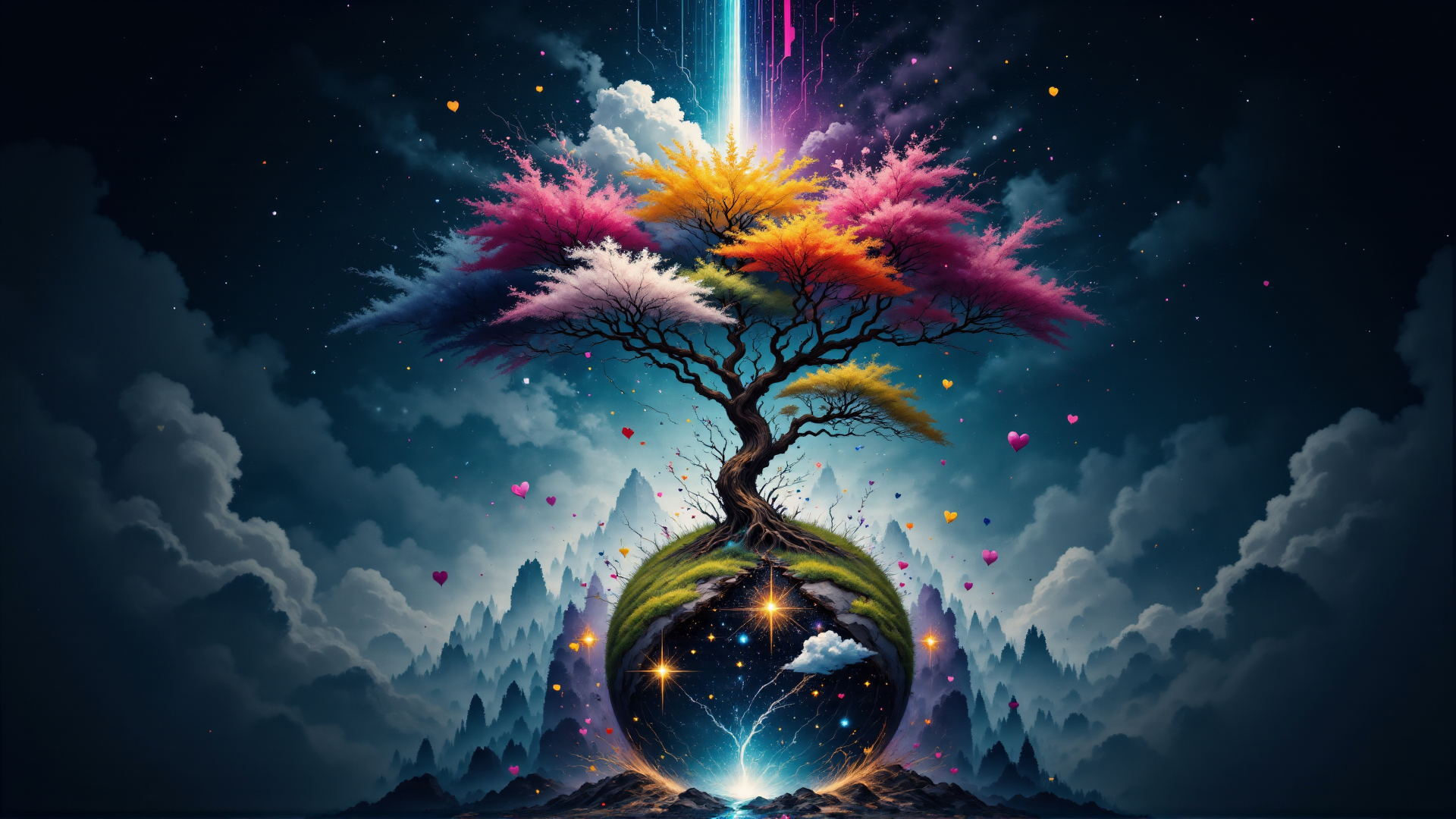 AI generated wallpaper featuring tree, planet, hearts, mountains, stars