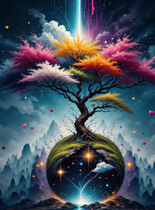 tree, planet, hearts, mountains, stars