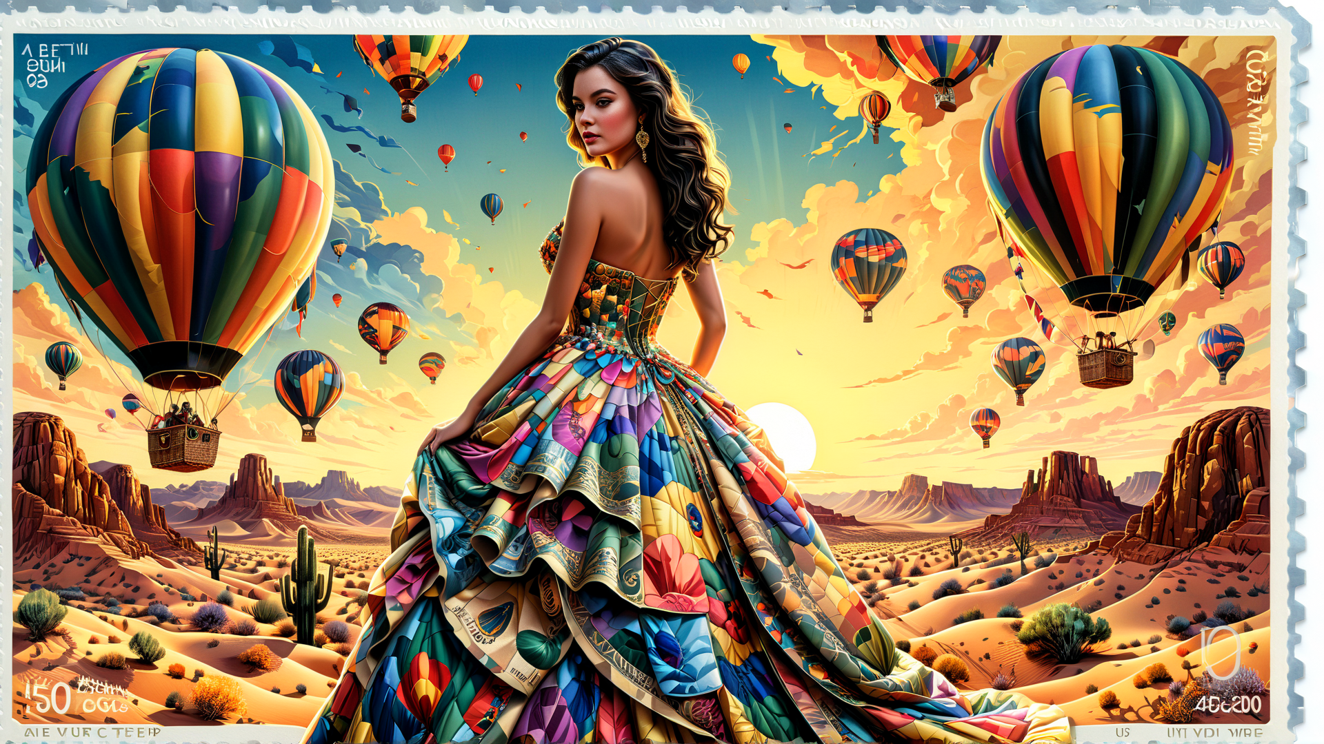 AI generated wallpaper featuring woman, hot air balloons, desert