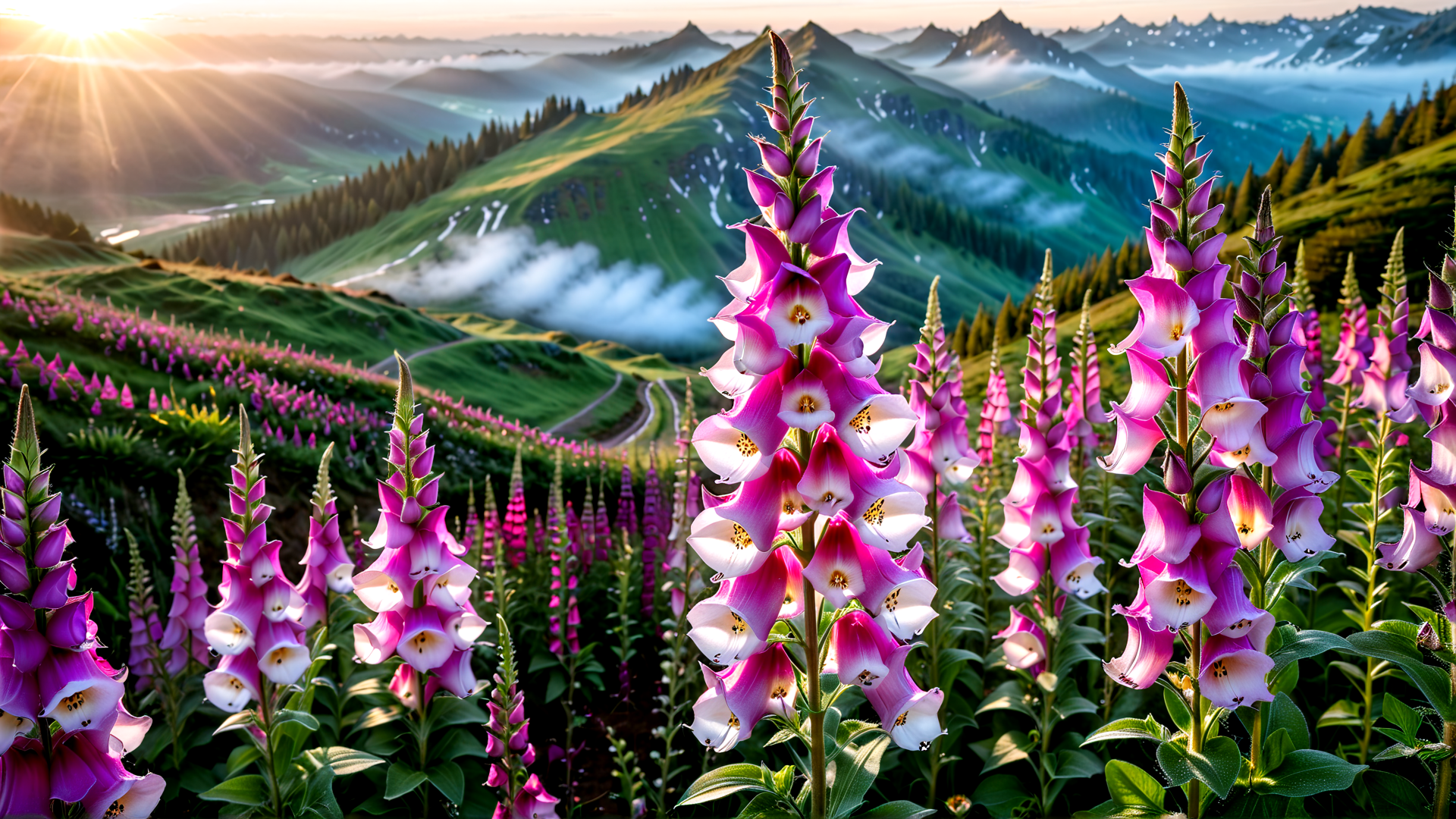AI generated wallpaper featuring foxgloves, mountains, sunlight, flowers, landscape, valley, trees, road, clouds, hills