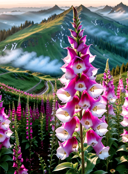 foxgloves, mountains, sunlight, flowers, landscape, valley, trees, road, clouds, hills