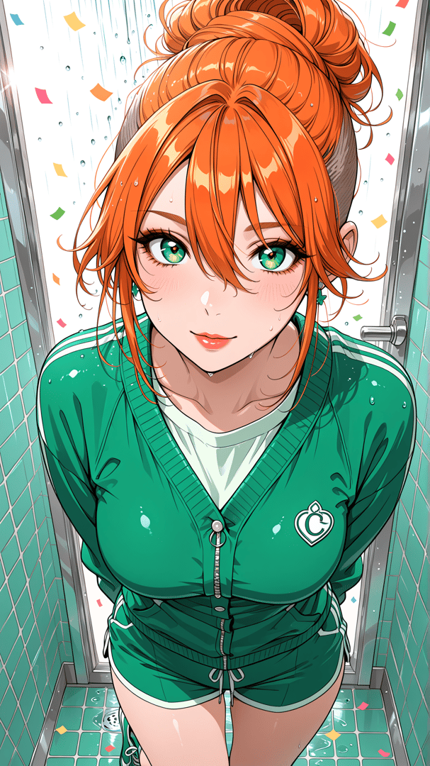 AI generated wallpaper featuring woman, orange hair, green tracksuit, confetti, shower