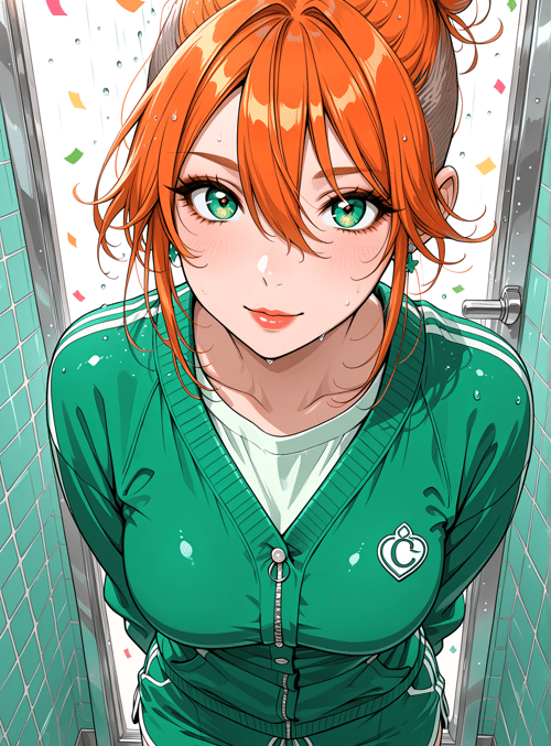 woman, orange hair, green tracksuit, confetti, shower