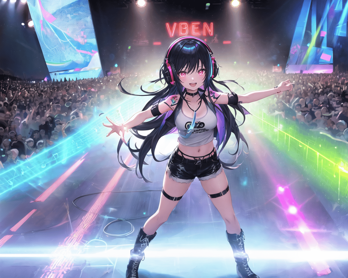AI generated wallpaper featuring anime girl, stage, crowd