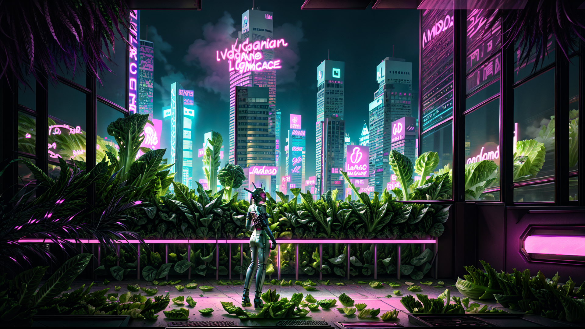 AI generated wallpaper featuring robot, cityscape, plants, neon signs, skyscrapers, window, cabbage, urban garden