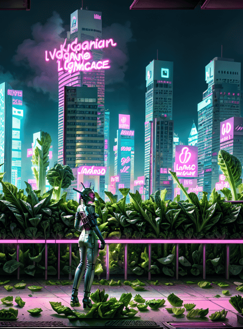 robot, cityscape, plants, neon signs, skyscrapers, window, cabbage, urban garden