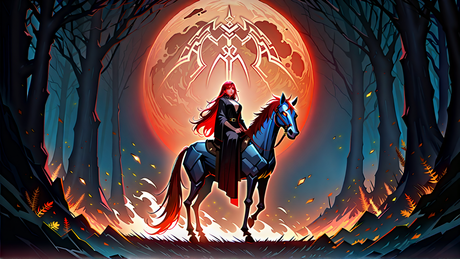 AI generated wallpaper featuring woman, horse, forest, moon, symbol, fallen leaves, trees, cape, red hair, blue horse