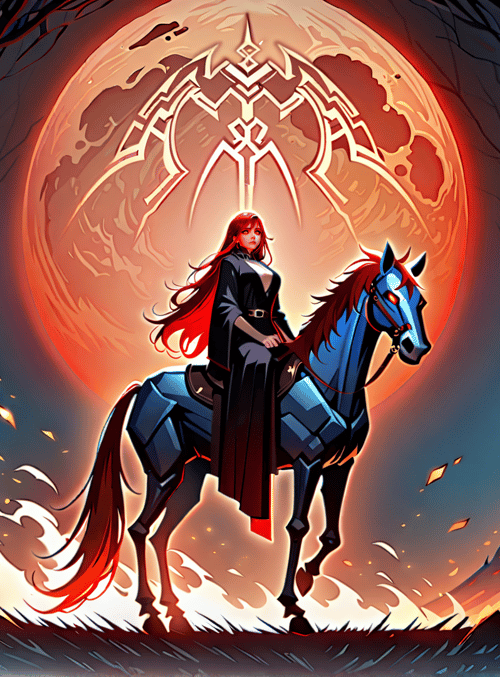 woman, horse, forest, moon, symbol, fallen leaves, trees, cape, red hair, blue horse