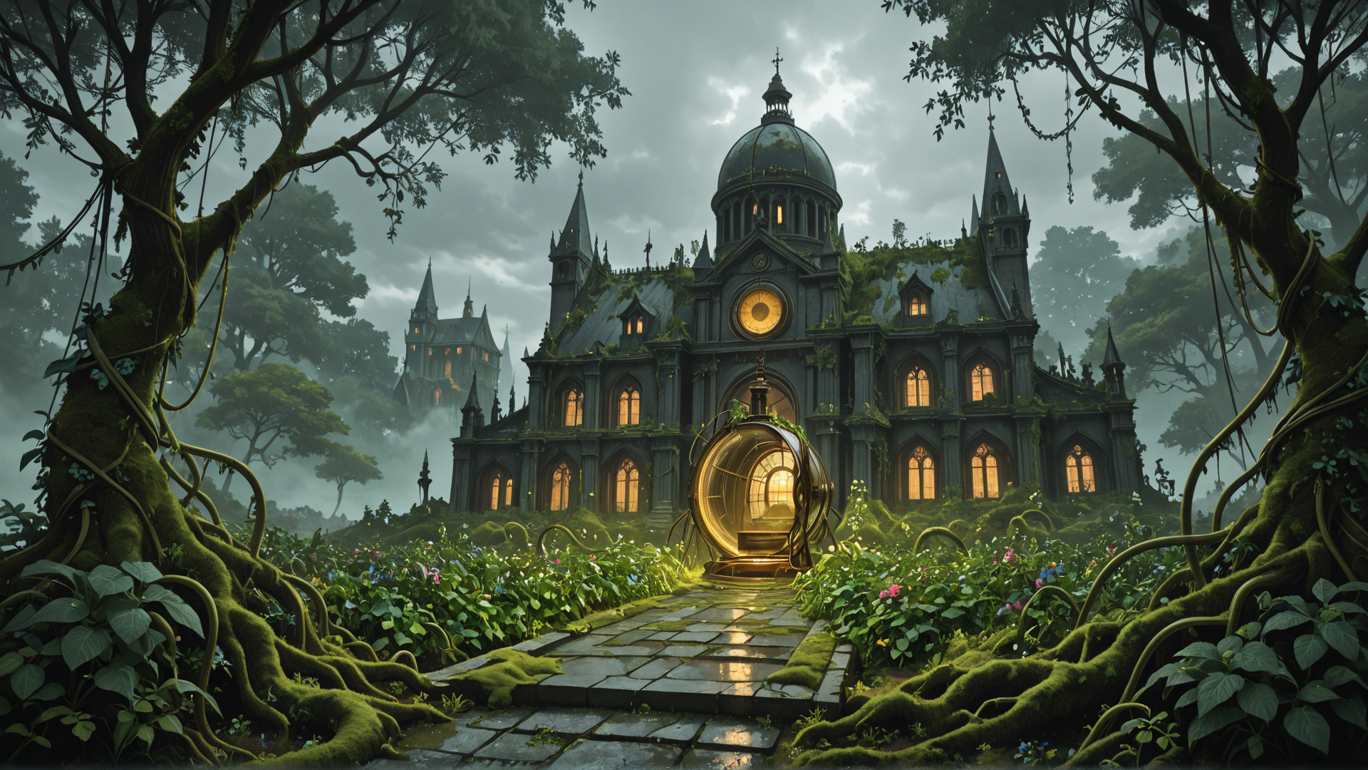 AI generated wallpaper featuring castle, trees, path, flowers, garden, domes, steeple, clock, vines, moss