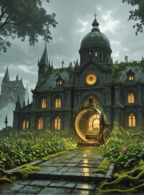 castle, trees, path, flowers, garden, domes, steeple, clock, vines, moss