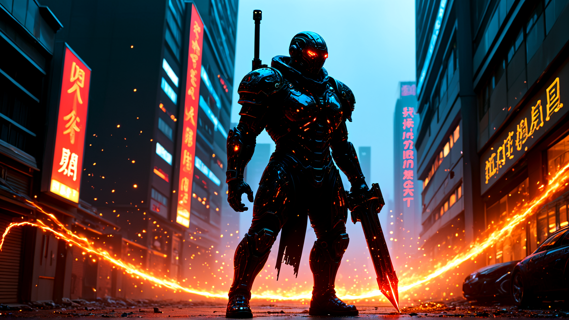 AI generated wallpaper featuring robot, swordsman, city, buildings, signs