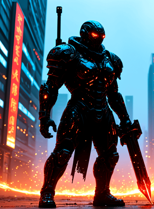 robot, swordsman, city, buildings, signs