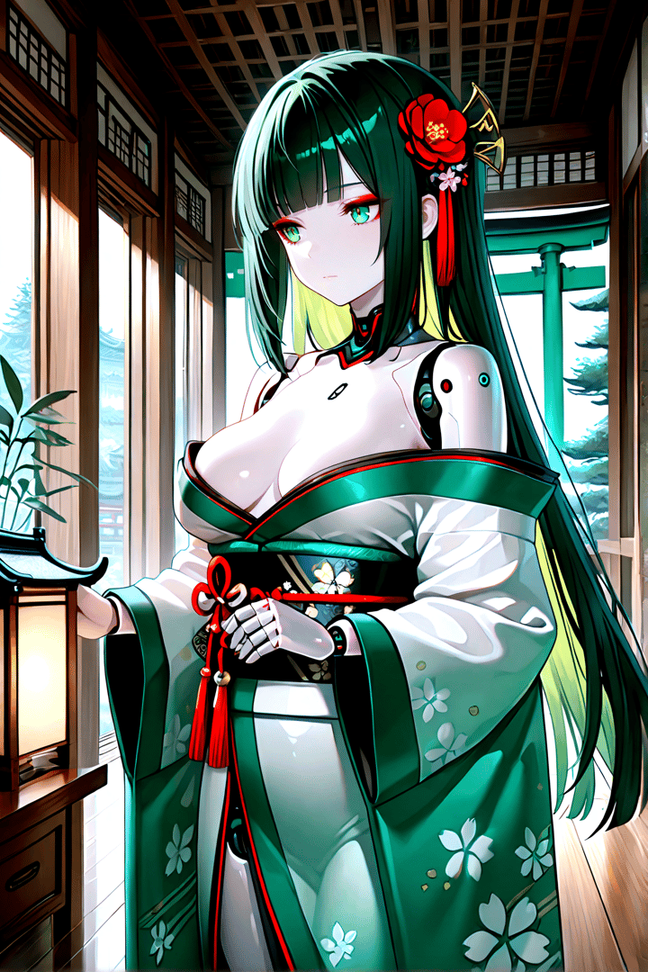 AI generated wallpaper featuring robot, anime girl, kimono, traditional attire, long hair, flower hairpin, lantern, window, cherry blossom, green hair
