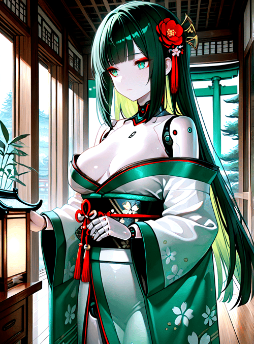 robot, anime girl, kimono, traditional attire, long hair, flower hairpin, lantern, window, cherry blossom, green hair