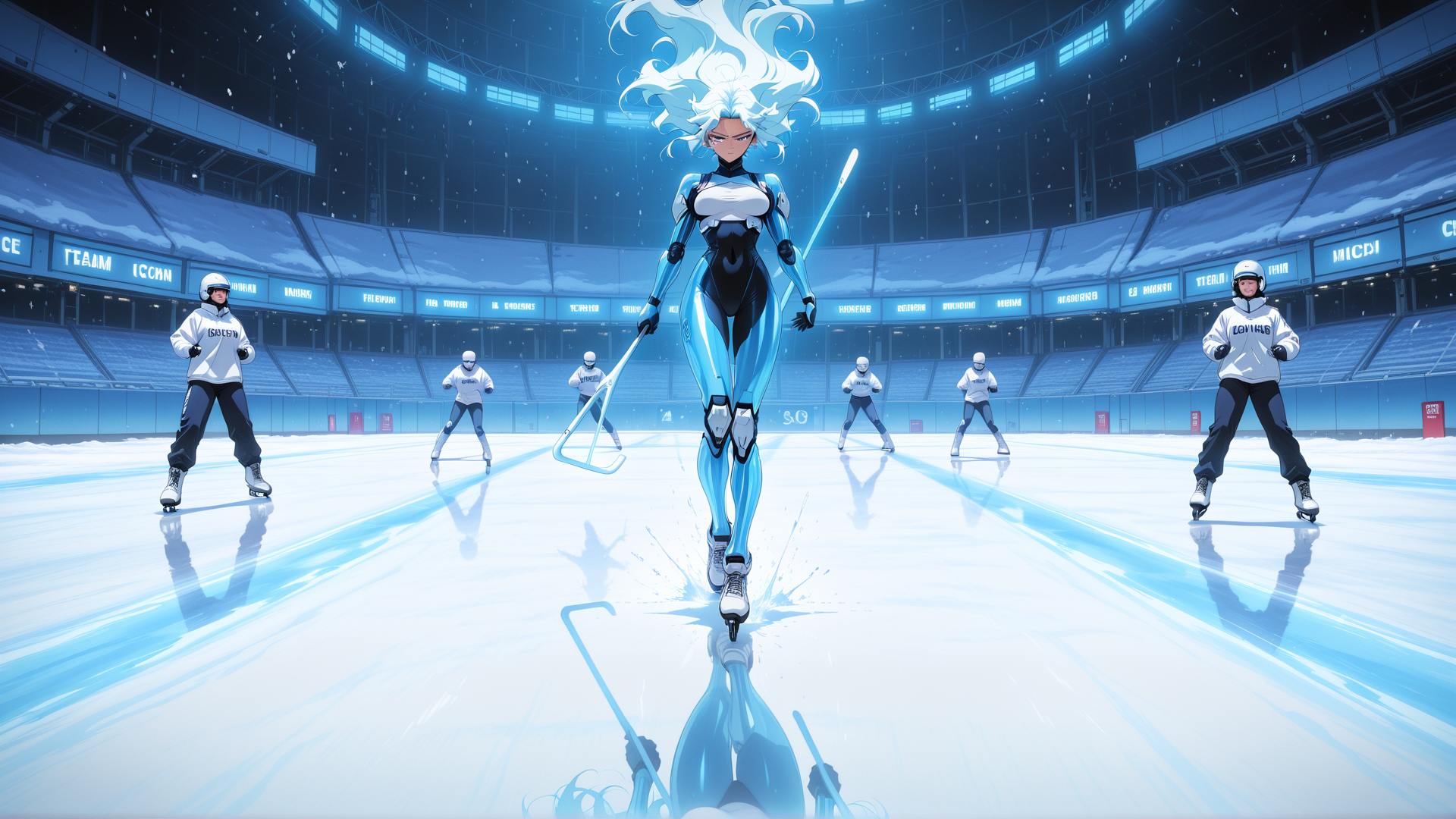 AI generated wallpaper featuring hockey player, figure, ice rink, players, ice, hockey stick, helmet, skates, squad, arena