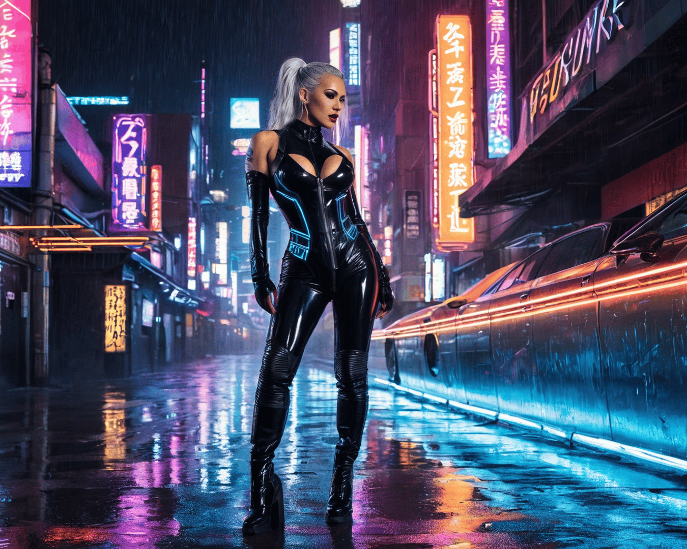 AI generated wallpaper featuring woman, cyberpunk, neon
