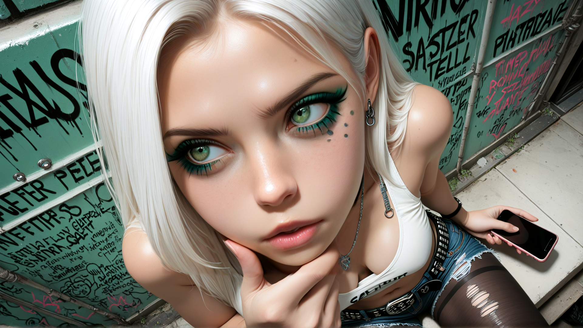 AI generated wallpaper featuring girl, blonde, graffiti, phone, tank top, jeans, earring, tattoo, choker, glasses