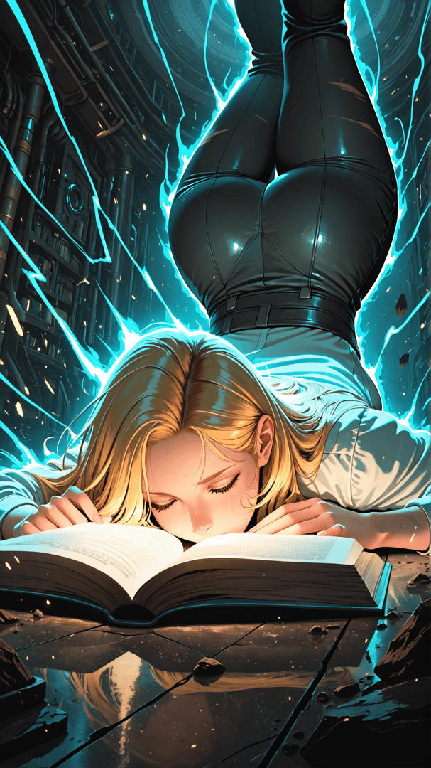 AI generated wallpaper featuring girl, book, electricity, library, futuristic
