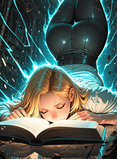 girl, book, electricity, library, futuristic