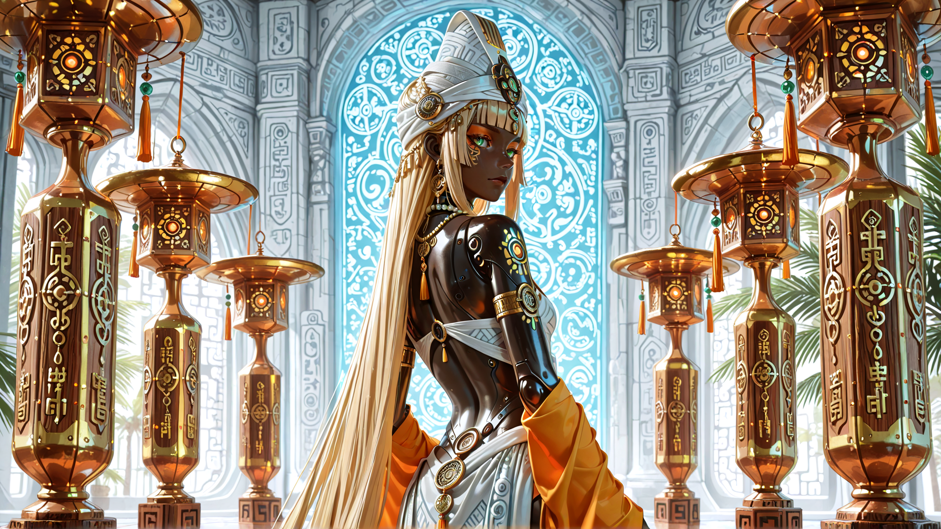 AI generated wallpaper featuring woman, lantern, headdress, goddess, cathedral, ornament, silk, symbol, arch, light