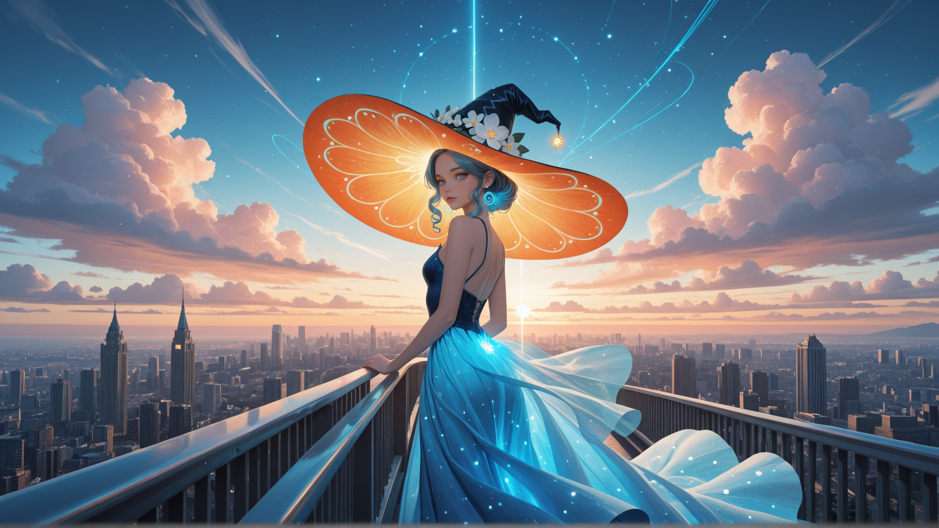AI generated wallpaper featuring witch, cityscape, sunset, dress, hat, clouds, skyline, sunset, city, woman