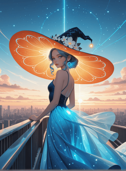 witch, cityscape, sunset, dress, hat, clouds, skyline, sunset, city, woman
