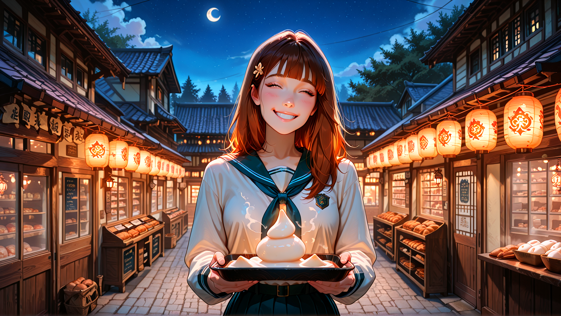 AI generated wallpaper featuring girl, street, lanterns, baked goods, moon, traditional building, food, baker, sailor uniform, bread