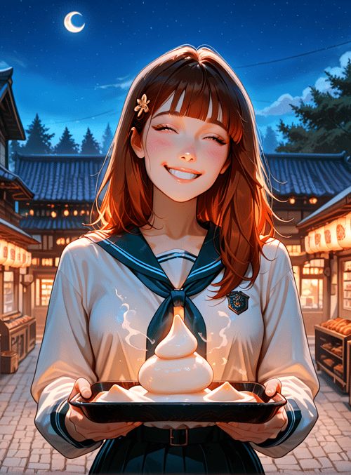 girl, street, lanterns, baked goods, moon, traditional building, food, baker, sailor uniform, bread
